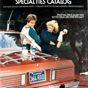 Catalog cover showing a man and woman cleaning a red car with Lincoln-Mercury Accessories and Specialties Catalog text and cleaning products on the hood; California license 364 RXD