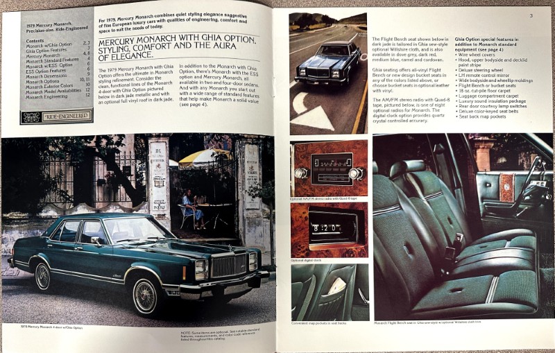 IMG_9026 | Merrick Auto Museum Two-page vintage car brochure spread featuring a 1979 Mercury Monarch with GHIA option, showing exterior and interior photos and feature captions in a magazine layout.