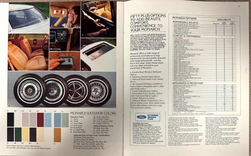 IMG_9027 | Merrick Auto Museum Collage of car interiors, wheel rims, and paint color swatches from a Monarch brochure; right page has option lists and pricing details.