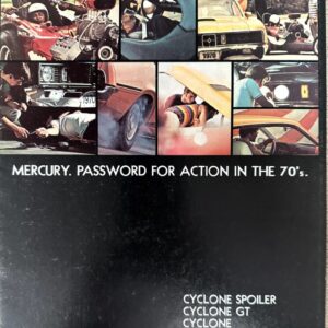 Collage of 1970s Mercury race cars and action shots with the slogan 'MERCURY. PASSWORD FOR ACTION IN THE 70's'.