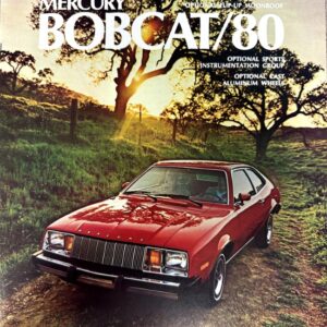 Red Mercury Bobcat/80 car on a dirt country road at sunset with trees in the background, promotional style.