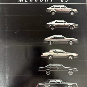 Mercury '83 brochure cover showing six car models aligned vertically on a black background.