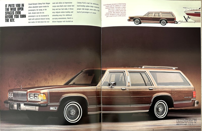 IMG_9103 | Merrick Auto Museum Two-page brochure image showing a brown wood-paneled Mercury Colony Park wagon with chrome trim, whitewall tires, and roof rails against a dark gradient backdrop.