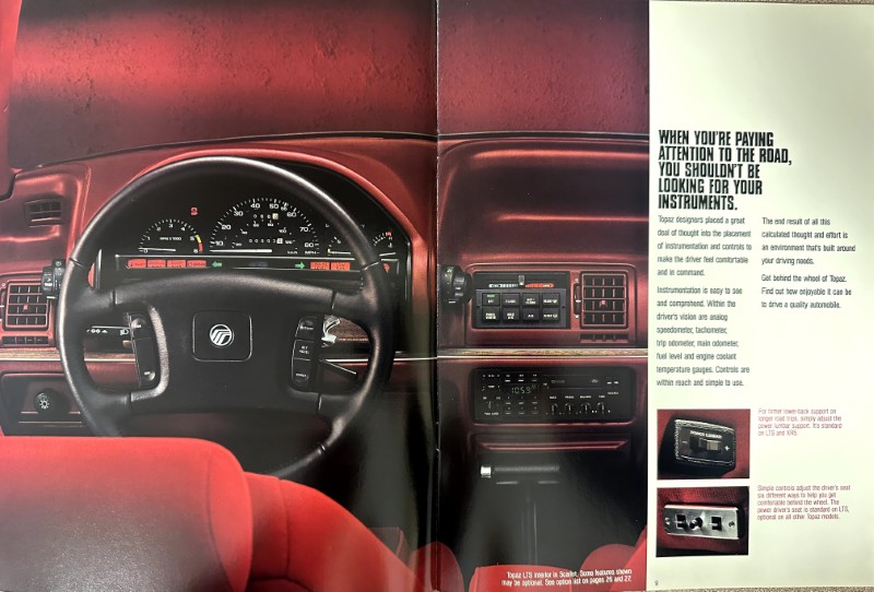 IMG_9105 | Merrick Auto Museum Red car interior view: steering wheel, dashboard gauges, and red seats shown in a showroom brochure page.