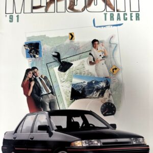 Promotional poster for Mercury Tracker featuring a black sedan in the foreground and a collage of maps, photos, and people in the background.
