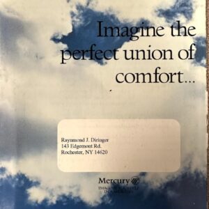 Book cover with a cloudy sky background reading 'Imagine the perfect union of comfort...'; white address label showing a Rochester, NY address; Mercury logo at the bottom.