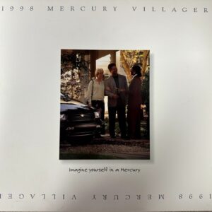 Three people stand in a driveway beside a black Mercury Villager minivan in a suburban setting with autumn light and a house in the background, from a 1998 brochure page around the image.