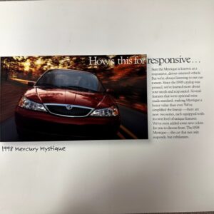 Red 1998 Mercury Mystique driving on a road, with the headline “Hows this for responsive…” and a text column on the right.