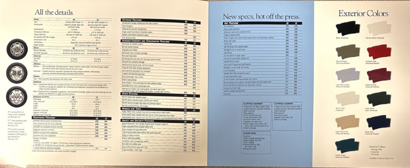 IMG_9126 | Merrick Auto Museum Open car brochure showing tire photos on the left, detailed specifications in the center, a blue page of new specs, and color swatches on the right.