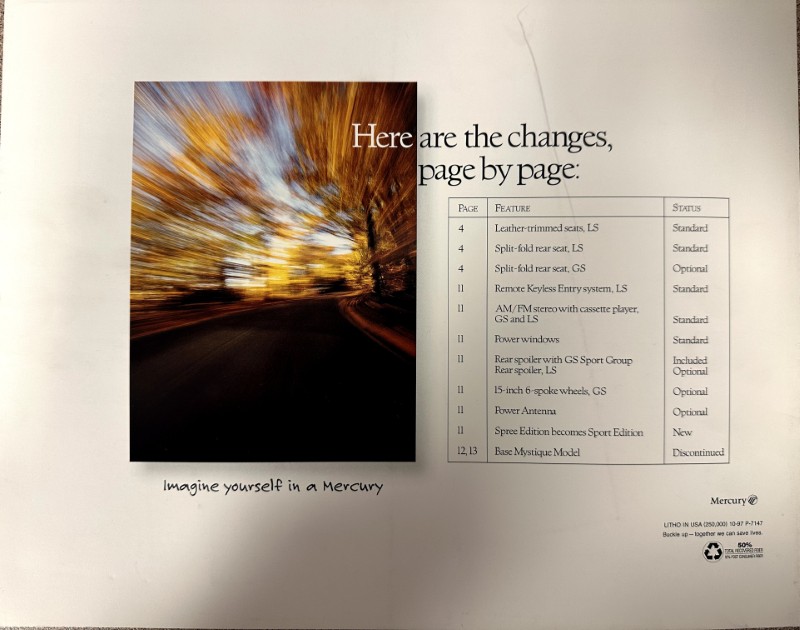 IMG_9127 | Merrick Auto Museum Ad page with a blurred photo on the left and a table titled 'Here are the changes, page by page:' on the right; Mercury logo bottom right.