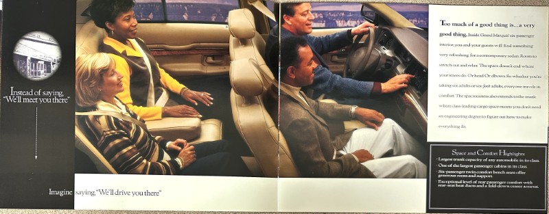IMG_9129 | Merrick Auto Museum Spread from a car brochure showing a beige interior with four people (two women in back, one man driving). Left caption: 'Instead of saying, We'll meet you there' — 'Imagine saying, We'll drive you there'.