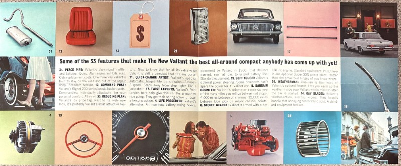 IMG_9141 | Merrick Auto Museum Collage of car parts and features from a vintage brochure about the Valiant compact car's design and options.