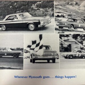 Collage of vintage Plymouth cars in various speeds and settings, with the slogan 'Wherever Plymouth goes ... things happen!' at the bottom
