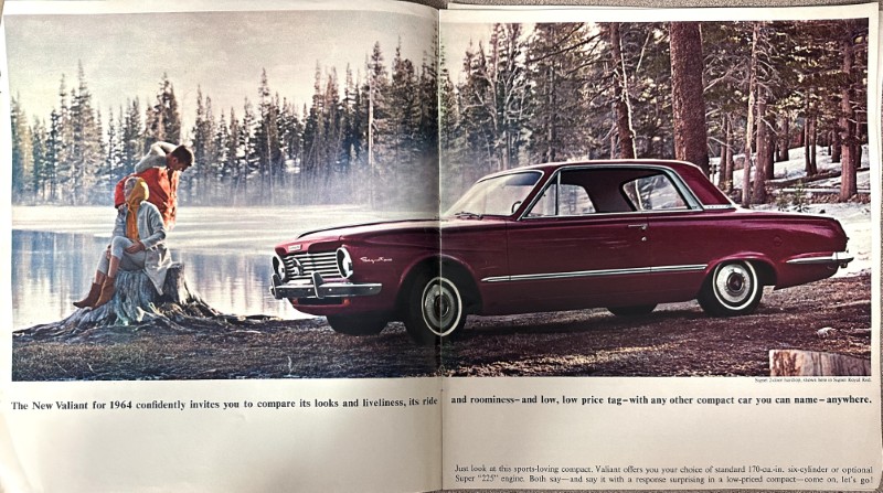 IMG_9152 | Merrick Auto Museum Vintage burgundy 1964 Valiant car by a frozen lakeshore, with a couple by a tree stump in a snowy pine forest; ad caption promotes the Valiant.