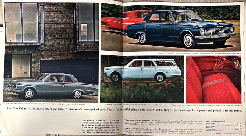 IMG_9153 | Merrick Auto Museum Collage ad for the Valiant V-100 Series showing four views: gray sedan in a driveway, blue sedan on a road, a light blue station wagon, and a red-car interior; bottom headline claims three of America’s lowest-priced cars.