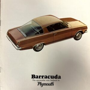 Brown Plymouth Barracuda fastback car displayed in a brochure layout; caption reads 'Barracuda' with 'The spectacular new fastback by Plymouth'