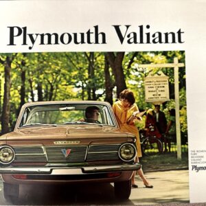 Vintage Plymouth Valiant ad showing a beige car in a park; a woman in a yellow dress chats with the driver beside the front grille.