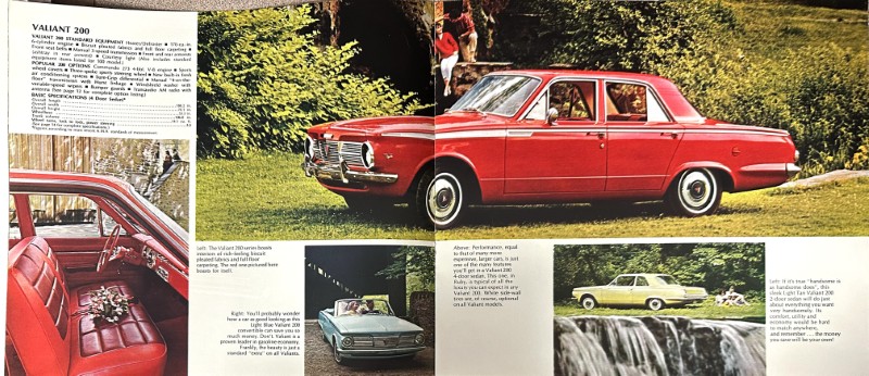 IMG_9161 | Merrick Auto Museum Spread from a vintage brochure showing a red Valiant 200 with a side view on grass, interior shot, and smaller car images on the page.