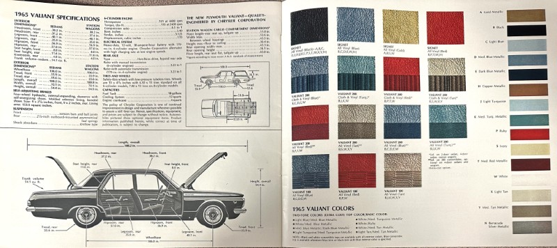 IMG_9162 | Merrick Auto Museum Two-page brochure spread: left page shows 1965 Valiant specifications and a car cutaway diagram with dimensions; right page displays many color swatches and labeled paint colors for Valiant.