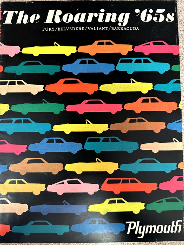 IMG_9163 | Merrick Auto Museum Book cover for 'The Roaring ’65s' featuring rows of neon-colored Plymouth car silhouettes on a black background with the Plymouth logo at the bottom right.