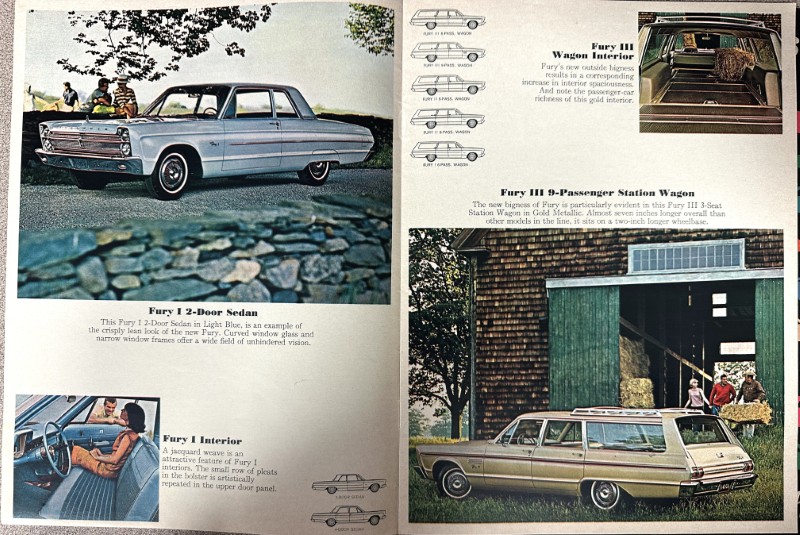 IMG_9164 | Merrick Auto Museum Vintage car brochure page showing Fury II and Fury III wagons with interior and exterior photos and captions, 1960s era.