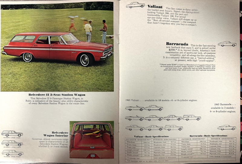IMG_9165 | Merrick Auto Museum Double-page vintage brochure showing a red Belvedere II 2‑seat Station Wagon on a grassy field; people in background, plus interior views and spec diagrams on the opposite page.