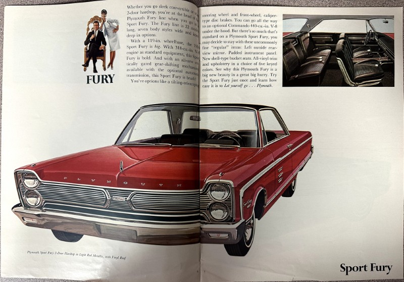 IMG_9167 | Merrick Auto Museum Two-page spread showing a red Plymouth Sport Fury convertible on a white background, with engine photo inset top-right and 'Sport Fury' caption.