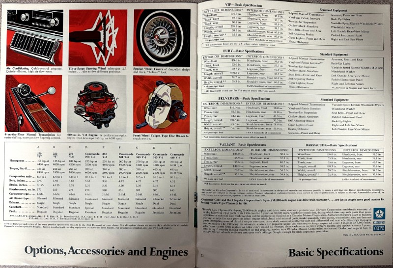 IMG_9168 | Merrick Auto Museum Two-page vintage auto brochure: left page shows illustrated car parts and a specs table; bottom reads 'Options, Accessories and Engines'; right page has 'Basic Specifications' tables.