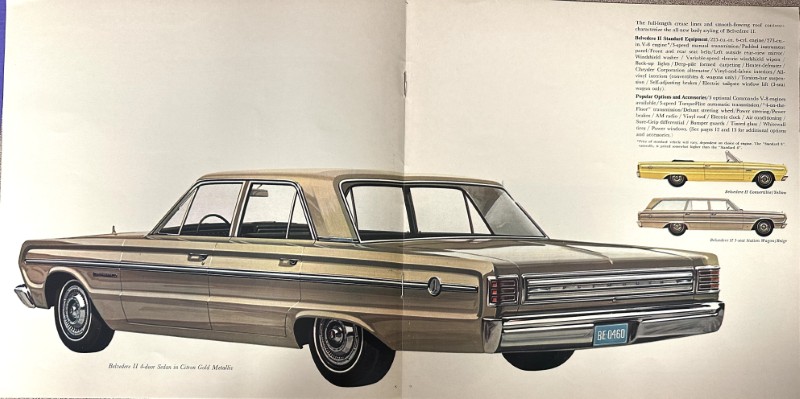 IMG_9170 | Merrick Auto Museum Gold mid‑century four‑door sedan shown from the rear‑left in a car brochure spread; smaller model thumbnails appear on the right.