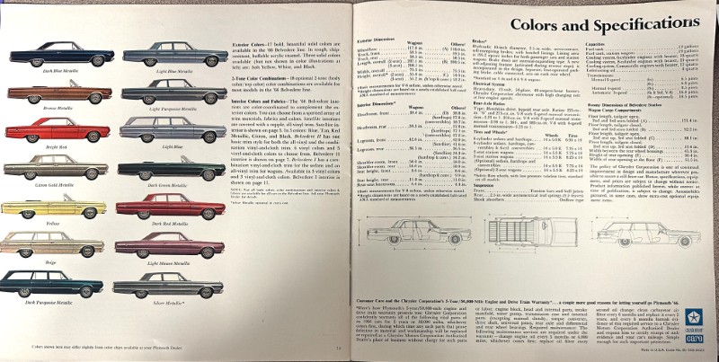 IMG_9171 | Merrick Auto Museum Two-page car brochure: left page shows color swatches with model names for a vintage car lineup; right page lists colors and specifications with small car diagrams.