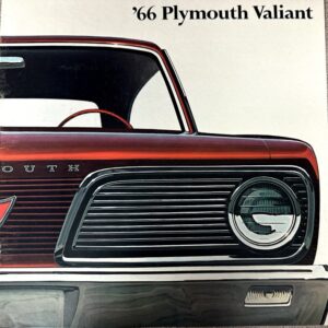 Front view of a red 1966 Plymouth Valiant, featuring chrome grille and round headlight.
