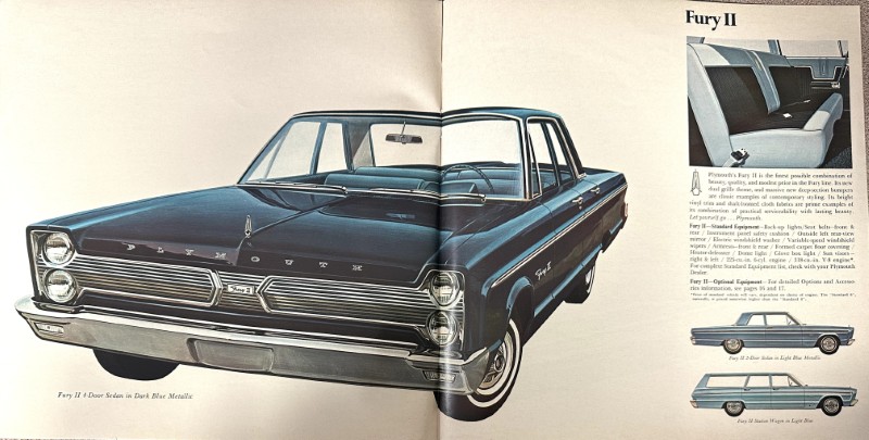 IMG_9176 | Merrick Auto Museum Large vintage blue Plymouth Fury II sedan shown in a two-page car brochure spread with inset images on the right side.