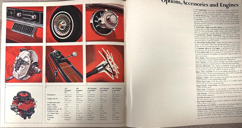 IMG_9177 | Merrick Auto Museum Two-page magazine spread: left page shows six red-drawn car part illustrations labeled 1–6 with a small specs table beneath; right page contains dense text about options, accessories, and engines.