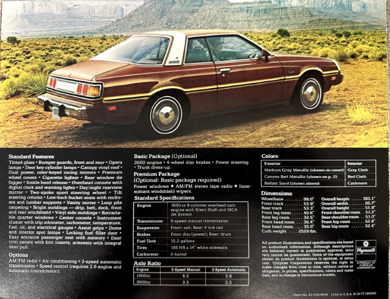 IMG_9243 | Merrick Auto Museum Brown vintage car parked on a desert landscape with a detailed spec sheet overlay listing features, engine, dimensions, and colors.