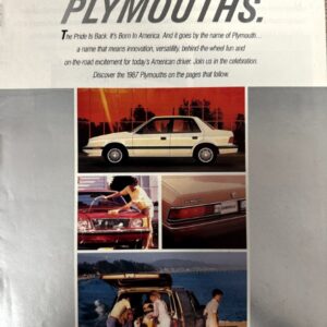 Promotional page for 1987 Plymouths showing a white sedan and a collage of car images (engine, rear badge) with a family by a hatchback near the shore.