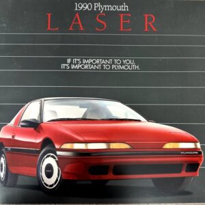 Front three-quarter view of a red 1990 Plymouth Laser on a dark brochure background with white headline lines above it.