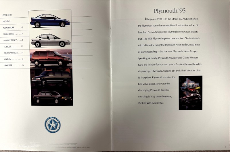 IMG_9275 | Merrick Auto Museum Plymouth '95 brochure spread: left page shows stacked car photos with model captions; right page has the headline and text.