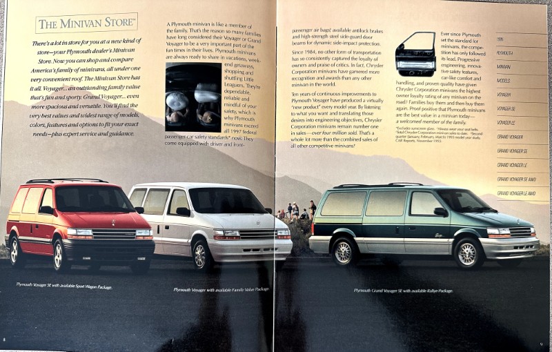 IMG_9276 | Merrick Auto Museum Two-page ad spread featuring four Plymouth Voyager minivans in red, white, and green, parked on a dark road under a 'The Minivan Store' banner in the background.