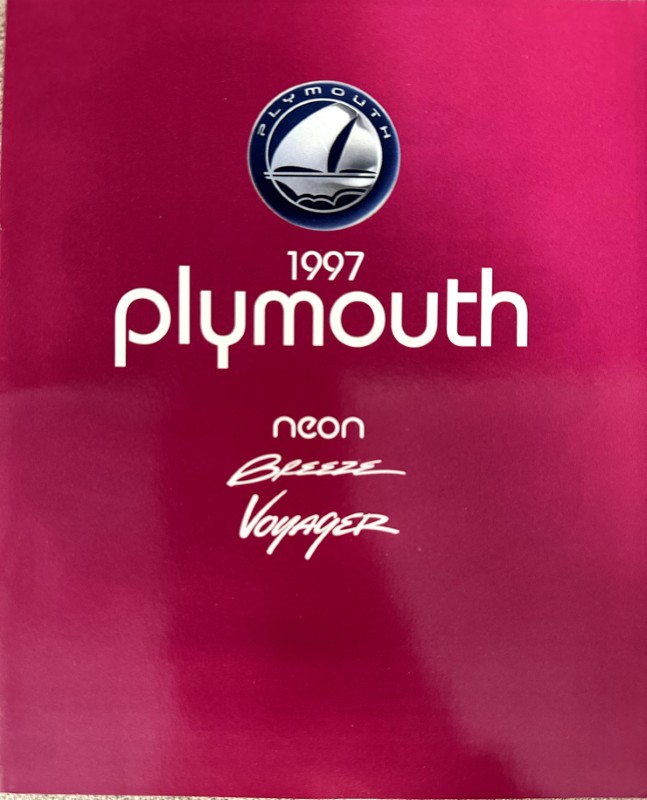 IMG_9280 | Merrick Auto Museum Plymouth 1997 booklet cover on a magenta background, showing the circular Plymouth emblem above the bold 'plymouth' wordmark and the words 'neon Breeze Voyager' below.