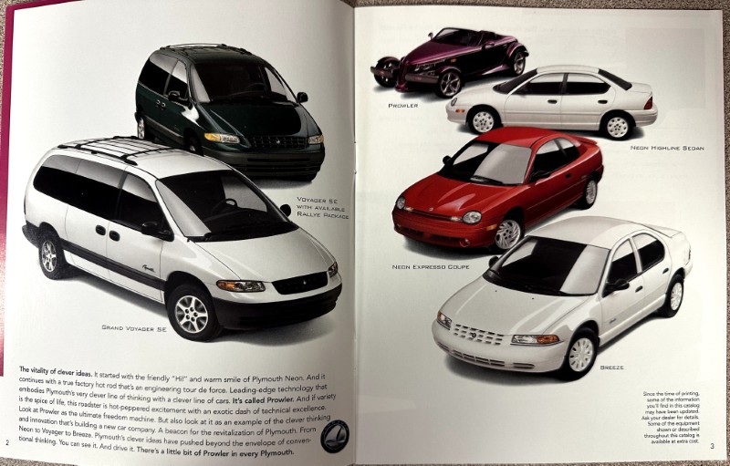 IMG_9281 | Merrick Auto Museum Two-page brochure spread showcasing several Plymouth models: Grand Voyager SE minivan, Voyager SE, Breeze sedan, Neon Express Coupe, Neon Highline sedan, and Prowler in various colors.