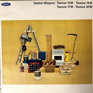 Still-life of assorted household goods (ladder, paint cans, crates, bread basket, stove, rake, wheelbarrow) arranged on a yellow backdrop; Ford logo top-left.