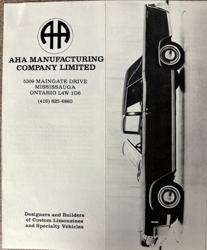 IMG_9335 | Merrick Auto Museum Brochure page for AHA Manufacturing Company Limited with logo, Mississauga address, and text noting designers and builders of custom limousines and specialty vehicles; vertical car image on the right.
