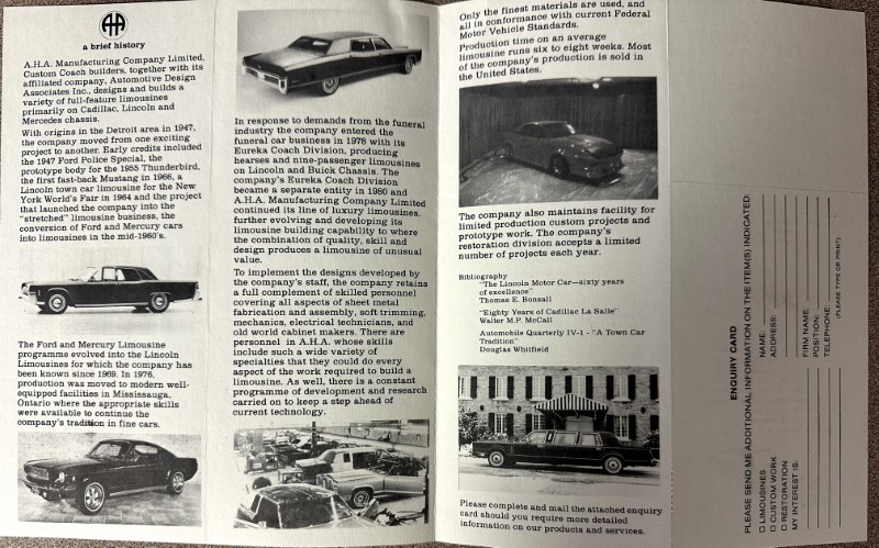 IMG_9336 | Merrick Auto Museum Fold-out brochure page with black-and-white photos of vintage cars and text about A.H.A. Manufacturing and Lincoln models, including history notes and captions.