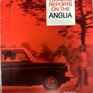 Advertisement cover for Ford Anglia: red-tinted photo of a classic car with two people nearby and the headline 'FIRST OWNERS REPORTS ON THE ANGLIA' in bold white panel.