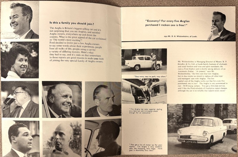 IMG_9357 | Merrick Auto Museum Two-page vintage Ford Anglia advertisement with a grid of headshots, car photos, and captions promoting Anglia ownership and its economy.
