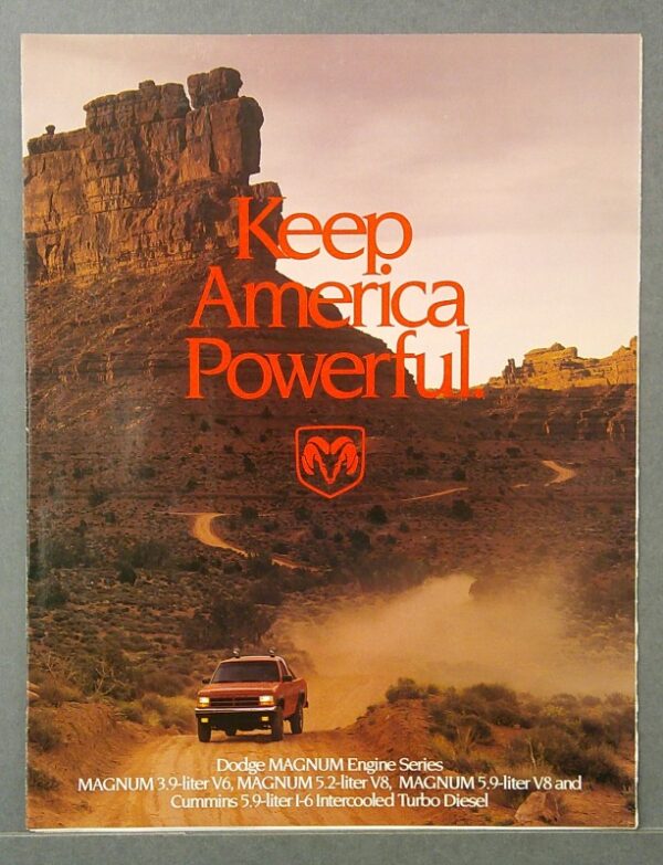 10 Custom | Merrick Auto Museum Vintage Dodge ad poster with a desert road and a red pickup, featuring the bold orange slogan 'Keep America Powerful'.