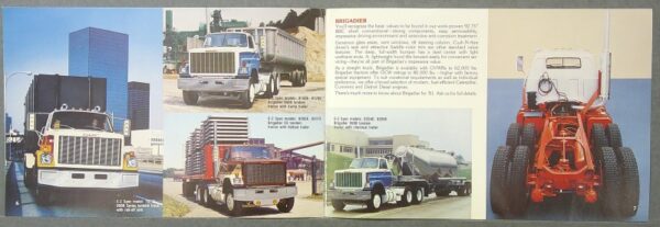 11 Custom | Merrick Auto Museum Collage from a brochure showing multiple heavy trucks and trailers, including a blue building backdrop and white cabs on the left and center panels, plus a red tractor unit on the right edge.