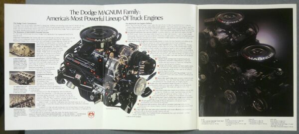 11 Custom | Merrick Auto Museum Magazine spread showing a cutaway Dodge Magnum engine at center, with dense article text and inset photos around it.
