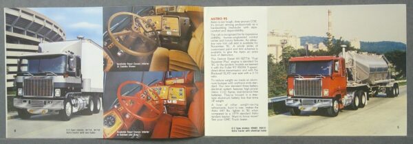 12 Custom | Merrick Auto Museum Two-page truck brochure: left has exterior truck photo plus cabin interior closeups; right shows a red tanker truck.