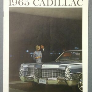 Text reads '1965 CADILLAC' above a photo of a silver 1965 Cadillac with a man and woman standing beside the car in a dim showroom.